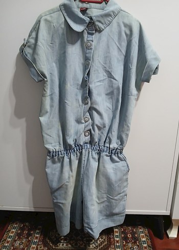 Gri Denim Kadın Tulum, Düğmeli, Kısa Kollu - Görsel 2