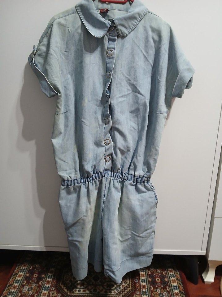 Gri Denim Kadın Tulum, Düğmeli, Kısa Kollu - Görsel 2