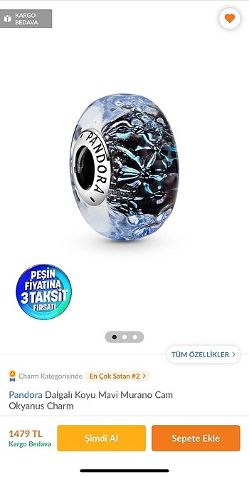 Pandora Dalgalı Koyu Mavi Murano Cam Okyanus Charm