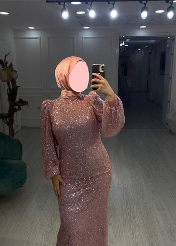Pullu Payetli Pembe Abiye Elbise
