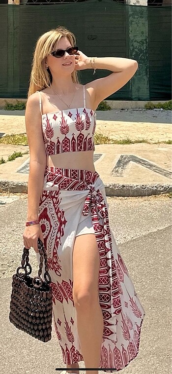 Etnik desenli bağlama detaylı alt üst takım