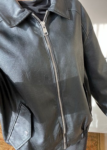 BERSHKA Siyah Deri Kadın Ceket - Görsel 7