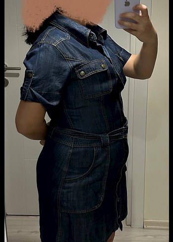 Diğer Kemerli Lacivert Denim Midi Elbise