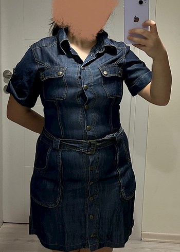 Kemerli Lacivert Denim Midi Elbise