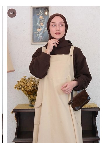 Krem Renkli Uzun Askılı Salopet - Görsel 4