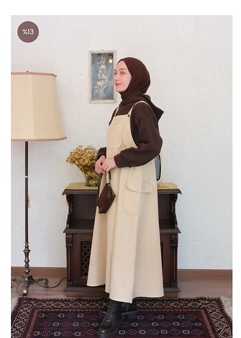 Krem Renkli Uzun Askılı Salopet - Görsel 5