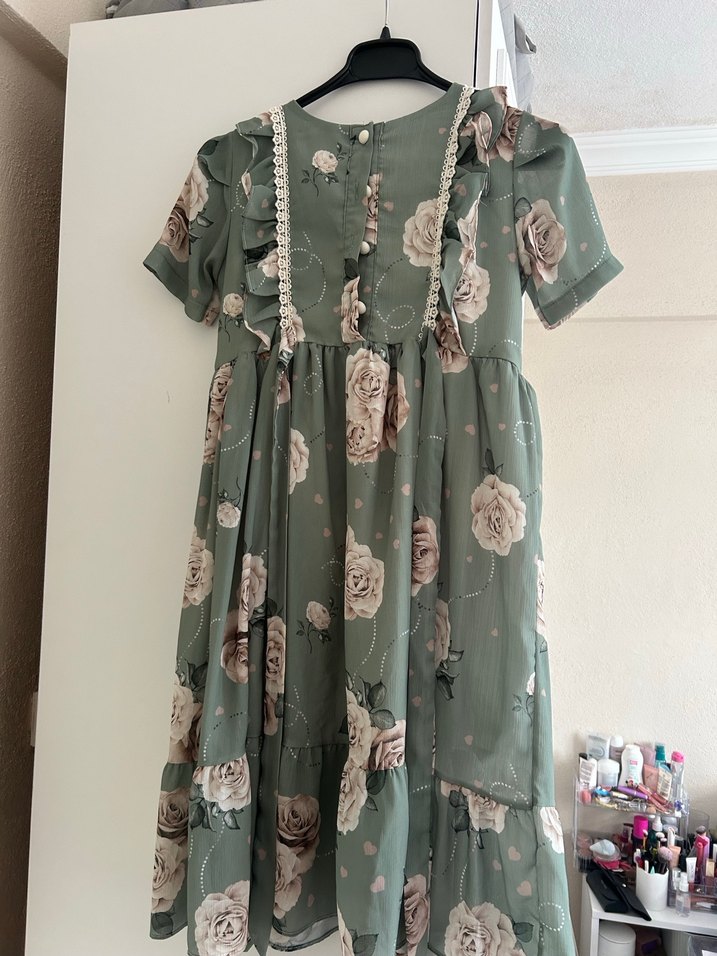 Yeşil Çiçekli çocuk  Bohem Elbise - Görsel 2