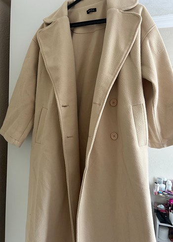 Bej Düğmeli Uzun Kadın Kaban - Görsel 2