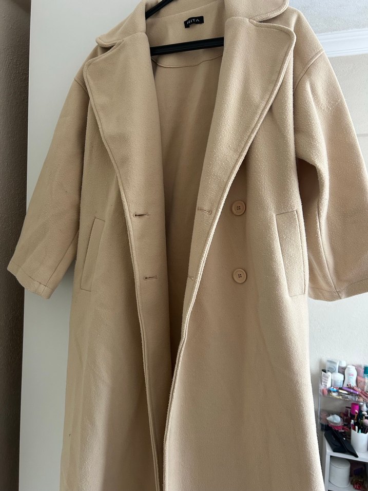 Bej Düğmeli Uzun Kadın Kaban - Görsel 2