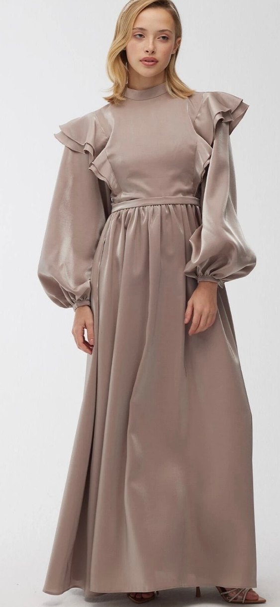 Fırfırlı Yüksek Yakalı Uzun abiye - Görsel 4