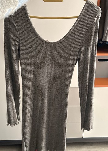 Gri V Yaka Uzun Kollu Triko Elbise - Görsel 3