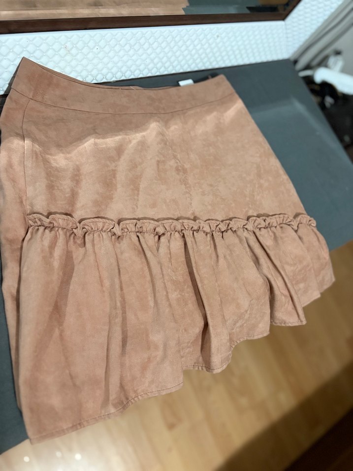 Bej Süet Fırfırlı Mini Etek - Görsel 2