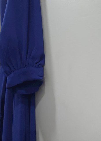 Kadın Mavi Uzun Kollu Drapeli Uzun Elbise - Görsel 4