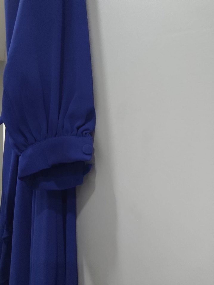 Kadın Mavi Uzun Kollu Drapeli Uzun Elbise - Görsel 4