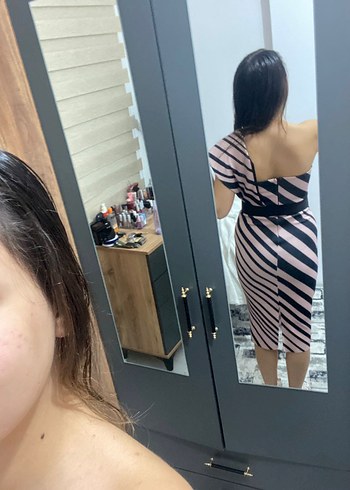 Pembe Zebra Desenli Drapeli Uzun Kalem Elbise - Görsel 4