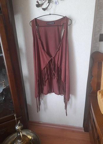 Taba rengi Süet Püsküllü Bohem Yelek