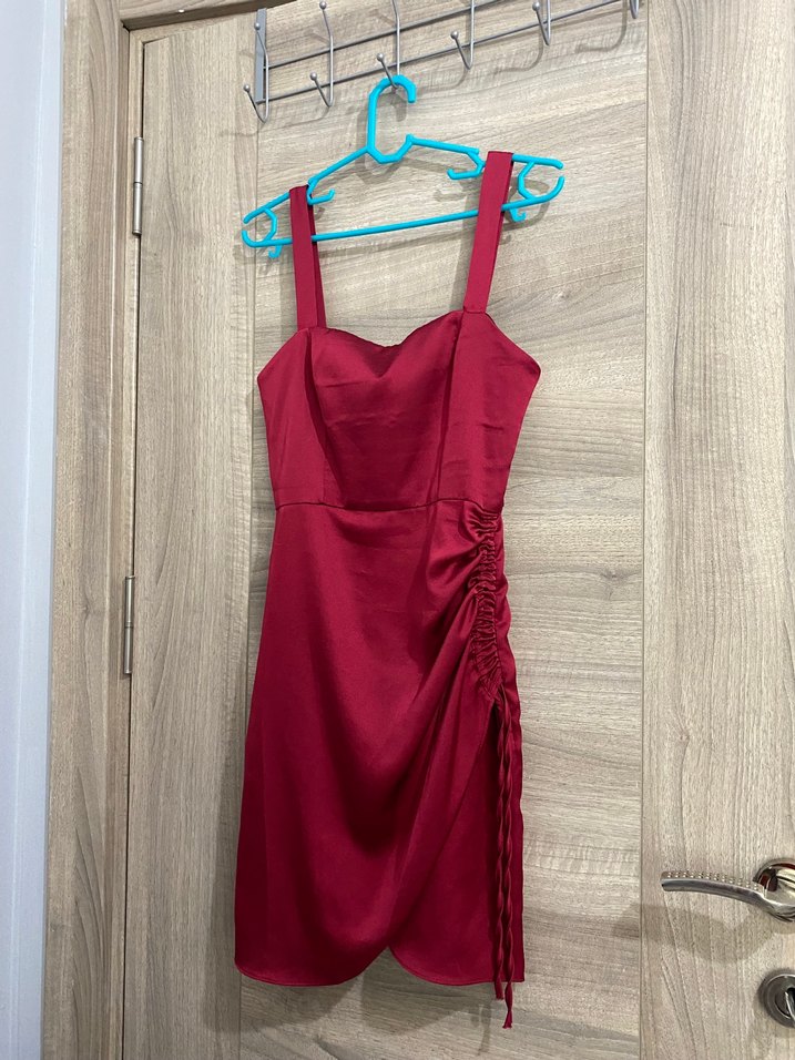 Bordo Drapeli Mini Abiye Elbise - Görsel 2