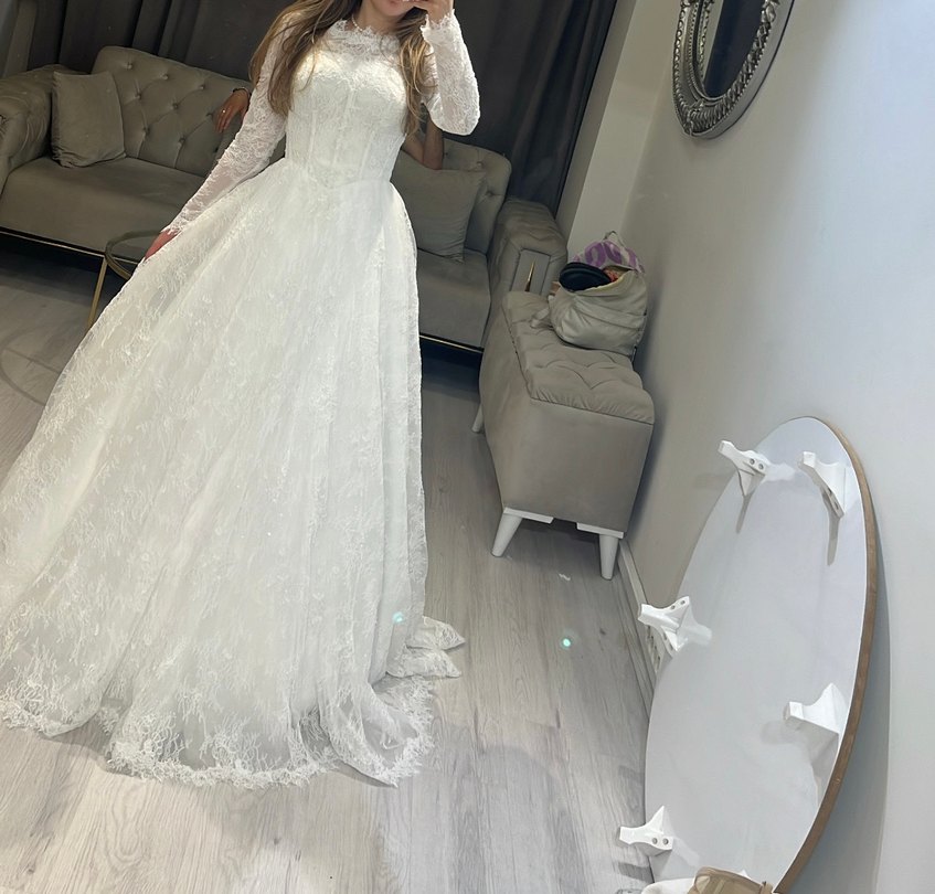 Uzun Kollu A Kesim Dantel Prenses Gelinlik - Görsel 2