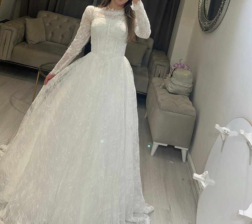 Uzun Kollu A Kesim Dantel Prenses Gelinlik - Görsel 3