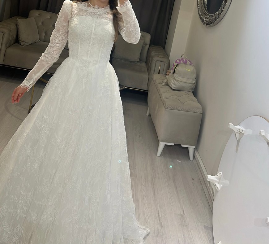 Uzun Kollu A Kesim Dantel Prenses Gelinlik - Görsel 4