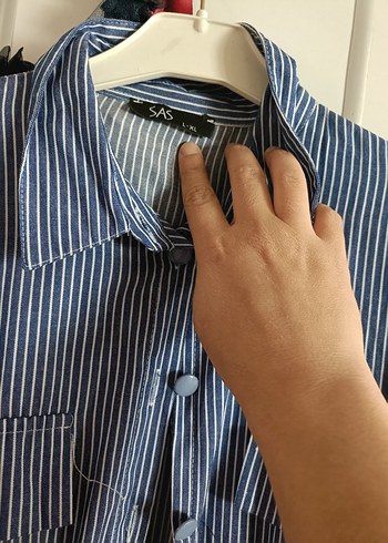 Diğer Düğmeli Uzun Mavi Çizgili Denim Elbise