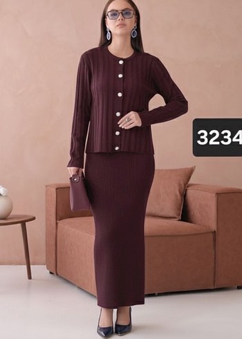 Bordo Pilili Uzun Kollu Ofis Triko Takım