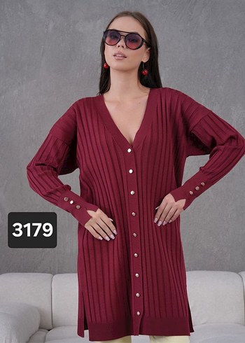 Bordo Uzun Düğmeli V Yaka Kadın Hırka