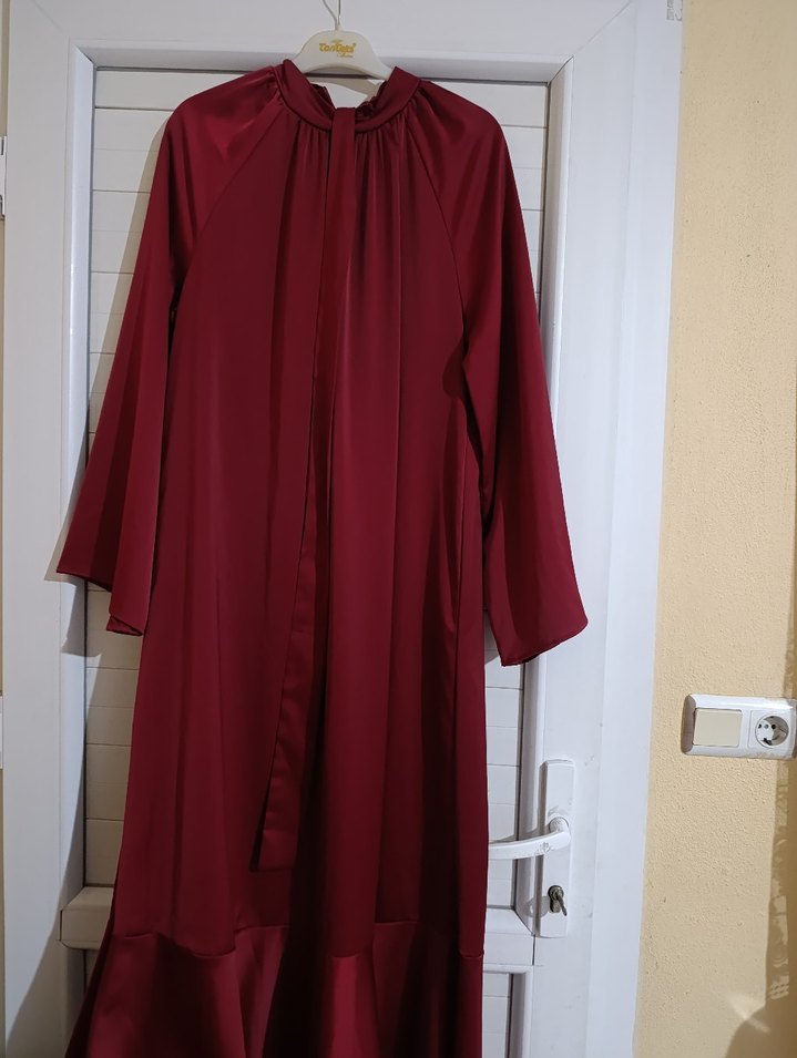 Bordo Uzun Drapeli Kadın Elbise - Görsel 2