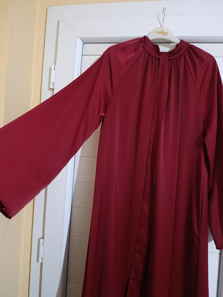 Bordo Uzun Drapeli Kadın Elbise - Görsel 3