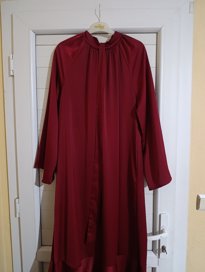 Bordo Uzun Drapeli Kadın Elbise - Görsel 5