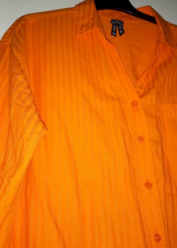 Düğmeli Turuncu Keten Kadın Gömlek - Görsel 2