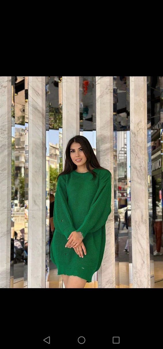 Uzun Kollu Yeşil Triko Kadın Kazak - Görsel 3