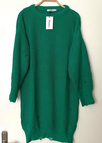 Yeşil Yırtık Detaylı Oversize Kazak - Görsel 3