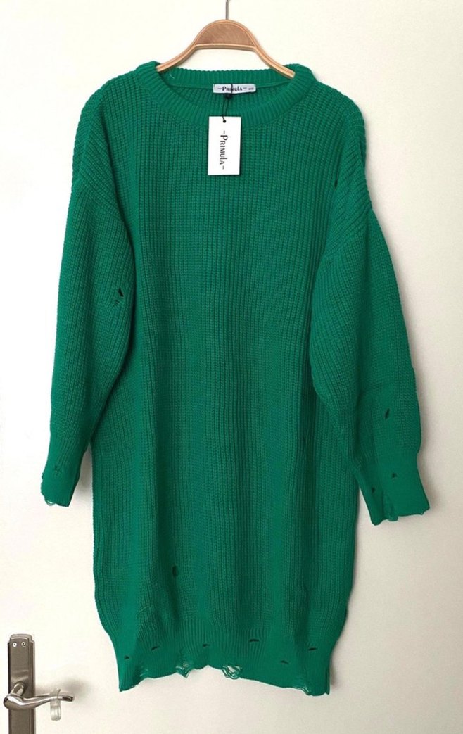 Yeşil Yırtık Detaylı Oversize Kazak - Görsel 3