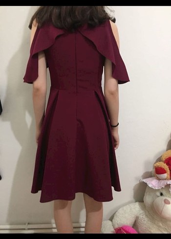 Bordo Straplez Fırfırlı Midi Elbise - Görsel 3