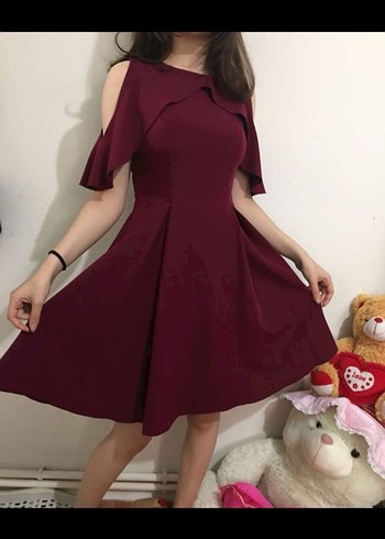 Bordo Straplez Fırfırlı Midi Elbise - Görsel 2