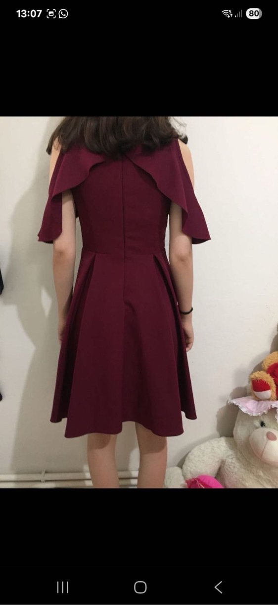 Bordo Straplez Fırfırlı Midi Elbise - Görsel 3