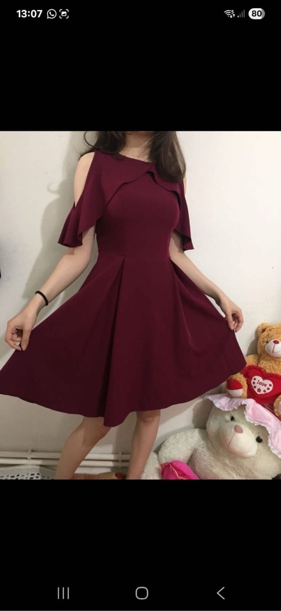 Bordo Straplez Fırfırlı Midi Elbise - Görsel 2