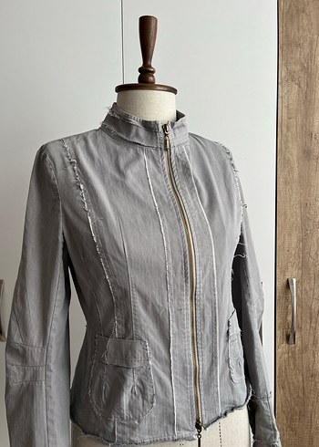 Gri Çizgili Y2K Kadın Ceket Fermuarlı - Görsel 2