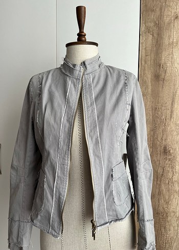 Gri Çizgili Y2K Kadın Ceket Fermuarlı - Görsel 7