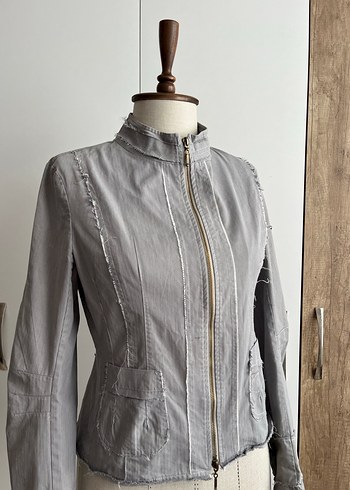 Gri Çizgili Y2K Kadın Ceket Fermuarlı - Görsel 3