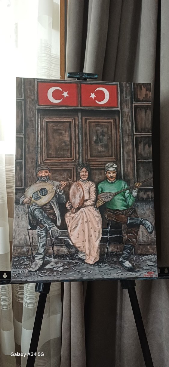 Kahverengi Tonlarda Geleneksel Müzisyenler Tablosu - Görsel 3