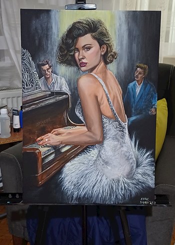 Gri Tonlarda Kadın ve Piyano akrilik Tablo - Görsel 2