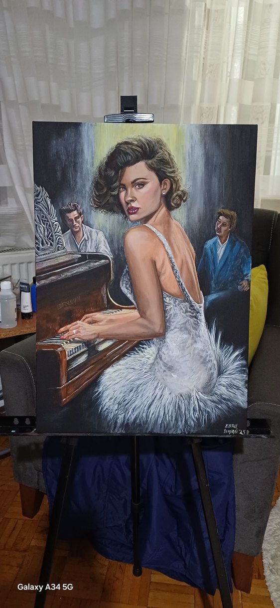 Gri Tonlarda Kadın ve Piyano akrilik Tablo - Görsel 2