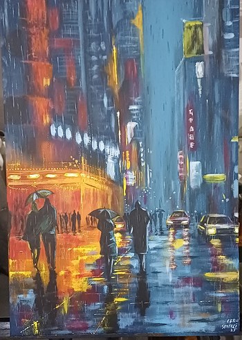 Yağmurlu Sokakta Gece Şehir Manzarası Tablosu - Görsel 2