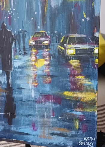 Yağmurlu Sokakta Gece Şehir Manzarası Tablosu - Görsel 3