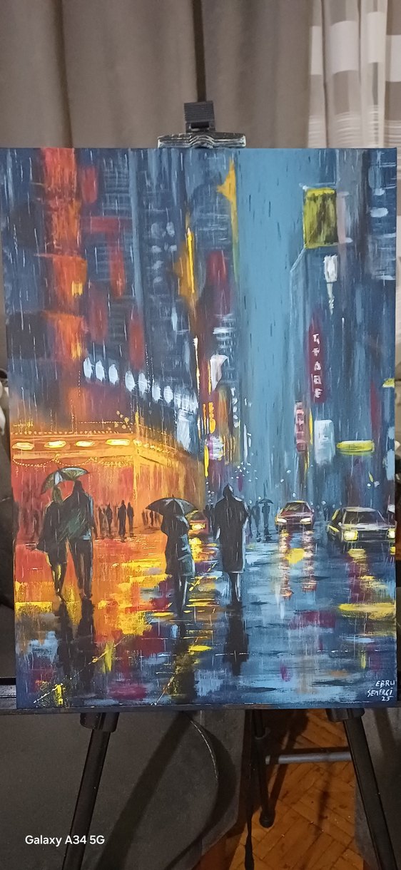 Yağmurlu Sokakta Gece Şehir Manzarası Tablosu - Görsel 2