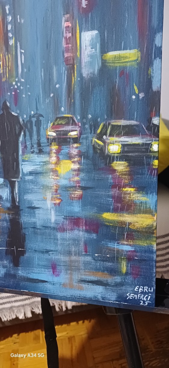 Yağmurlu Sokakta Gece Şehir Manzarası Tablosu - Görsel 3