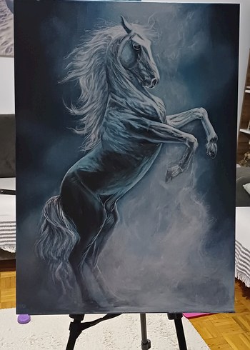 Gri At Temalı Yağlı Boya Tablo - Görsel 2