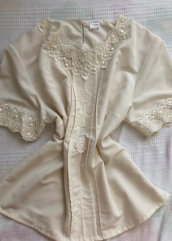 Coquette Dantel Detaylı Vintage Krem Büyük Beden Kadın Gömlek